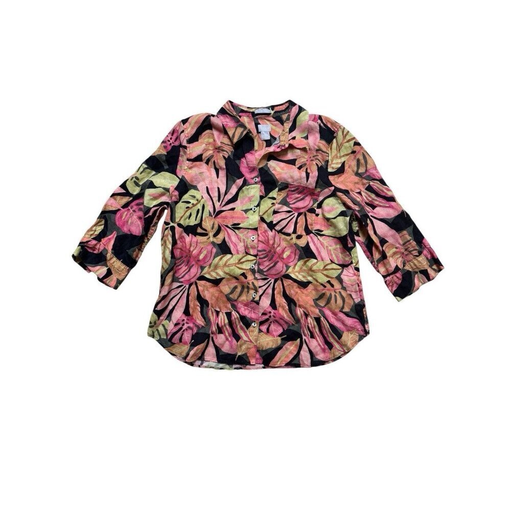 Chico’s 100% Linen Tropical Leaf Button Shirt Women’s 2 Large Black Pink